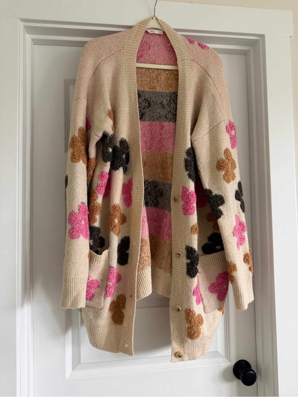 TALULAH Beige Open Cardigan with Pink, Brown & Black Floral Accents